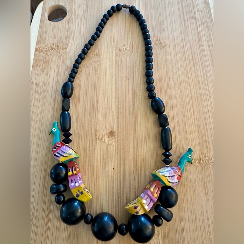 Vintage 90s Hand Painted Wooden Peacock Statement Necklace Boho Chunky Beads